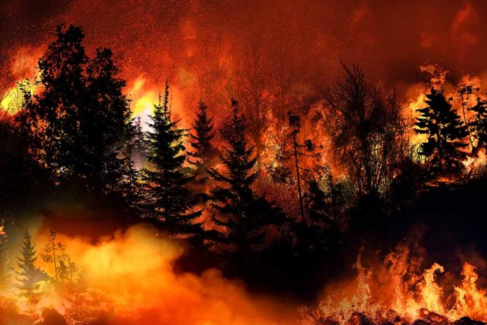 Trees burning in a forest fire at night.