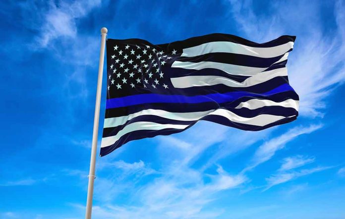 Black and white flag with blue stripe flying