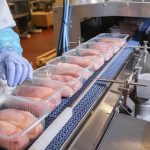 Packaged chicken breasts on a factory conveyor belt.