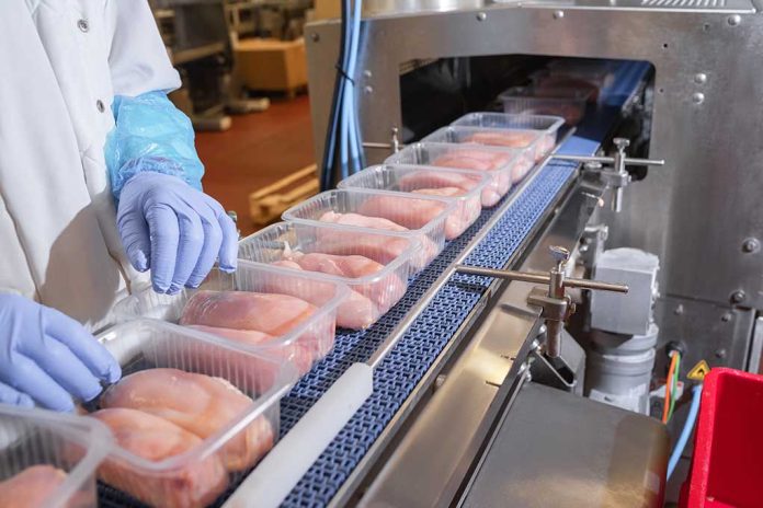 Packaged chicken breasts on a factory conveyor belt.