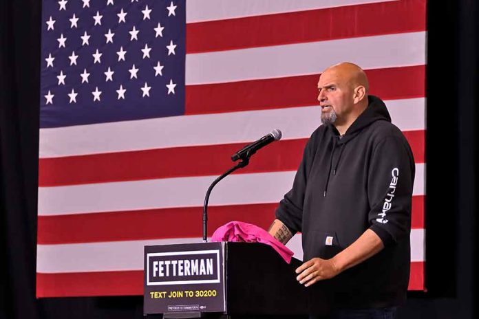 Person speaking at podium with American flag backdrop