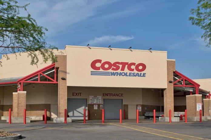 Costco Wholesale store exterior with entrance and exit signs.