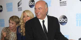 members of the Shark Tank cast in front of a wall at an ABC media event