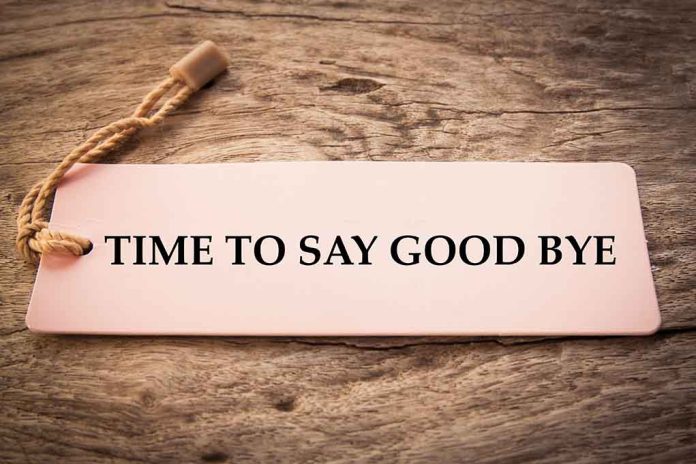 Sign reads "TIME TO SAY GOOD BYE" on wood.