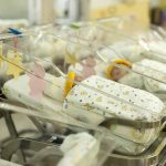 Newborn babies in a hospital nursery.