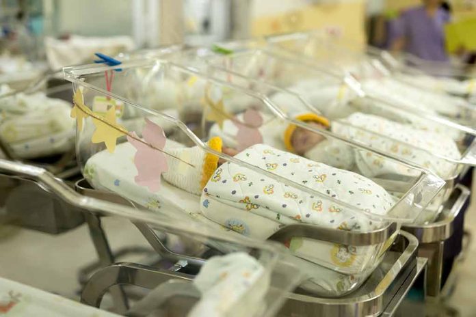 Newborn babies in a hospital nursery.