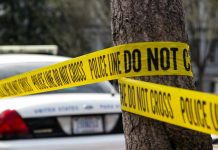 Yellow police tape around tree near car