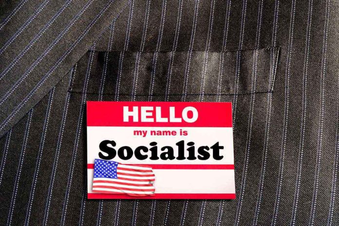 "Hello my name is Socialist" name tag on suit.