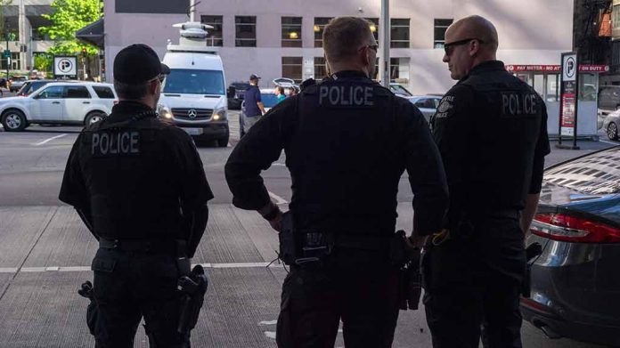 Three police officers standing on a city street.