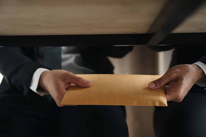 Two people exchanging envelope under table.