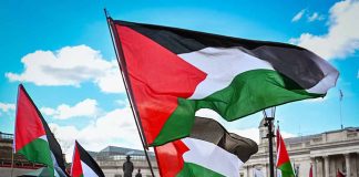 Protest with Palestinian flags waving in the air