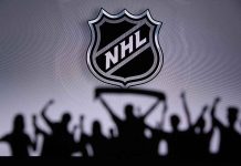 NHL logo with cheering crowd silhouette in foreground