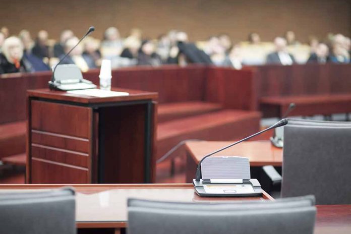 Empty courtroom with microphones and a podium