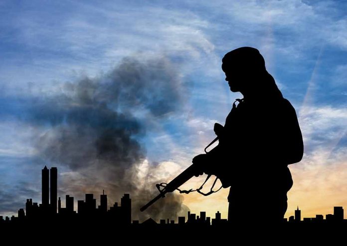 Silhouette of armed person with cityscape background smoke