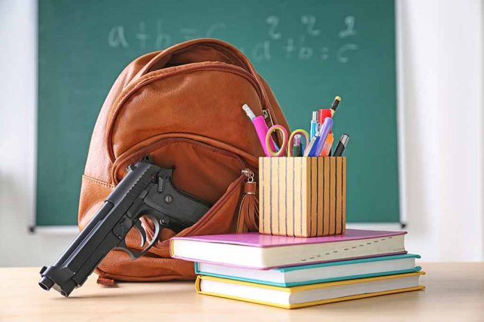 Gun and backpack on desk with school supplies.