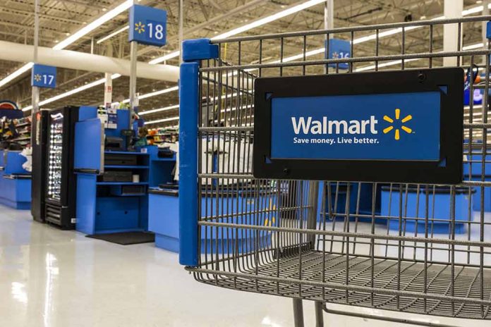 Walmart shopping cart inside store near checkout aisle