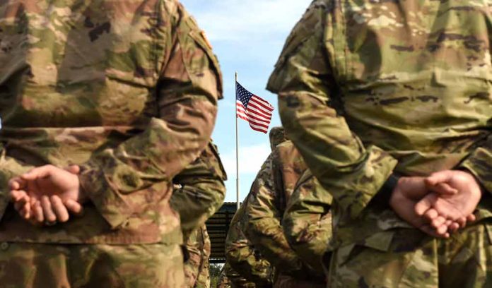 1507031819 featured image Soldiers in uniform standing with American flag visible