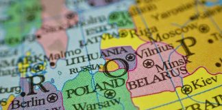 Colored map showing Poland Belarus and surrounding countries