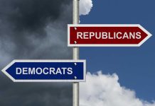 Red Republicans and blue Democrats signpost against sky