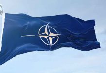 NATO flag waving against blue sky