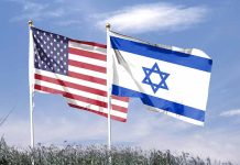 American and Israeli flags waving in the wind