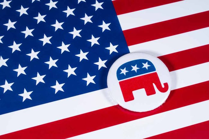 786450130 featured image Republican elephant symbol on American flag background