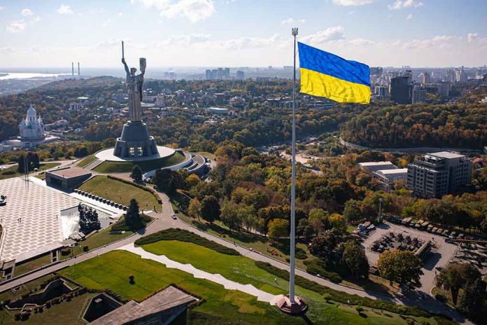 2057020673 featured image Large Ukraine flag with cityscape in background