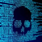 Blue code text with skull shape in center.