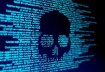 Blue code text with skull shape in center.