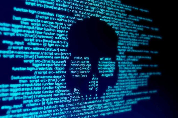 Blue code text with skull shape in center.