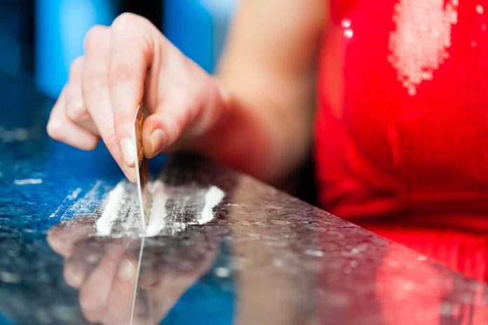 shutterstock_149840591.jpg A hand using a card to prepare a line of white powder on a reflective surface