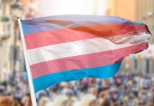 Transgender pride flag waving at outdoor event.