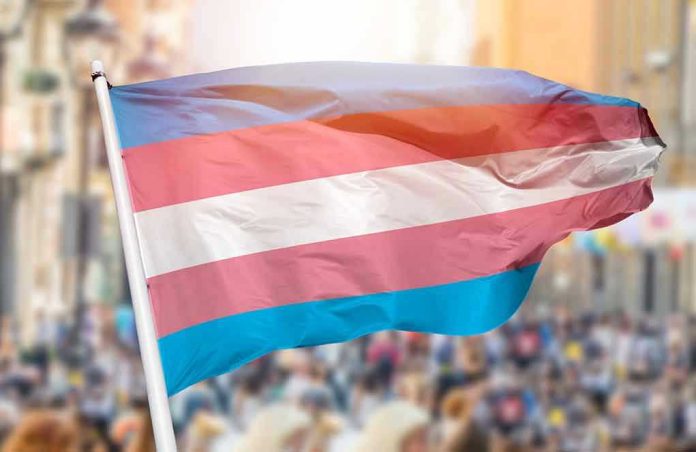 2035493339 Transgender pride flag waving at outdoor event.