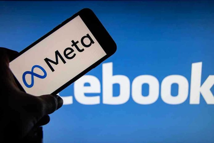 206659699 Meta on phone screen, Facebook in background.