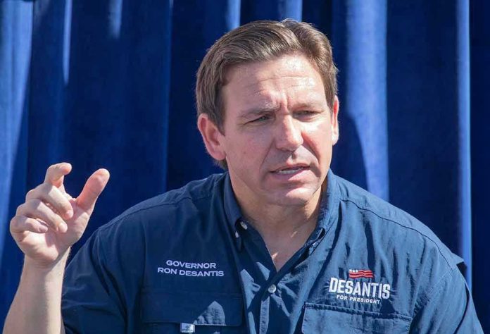 Man speaking, wearing a blue "Desantis for President" shirt.