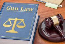 "Gun Law" book and gavel on wooden desk.