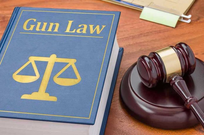 "Gun Law" book and gavel on wooden desk.