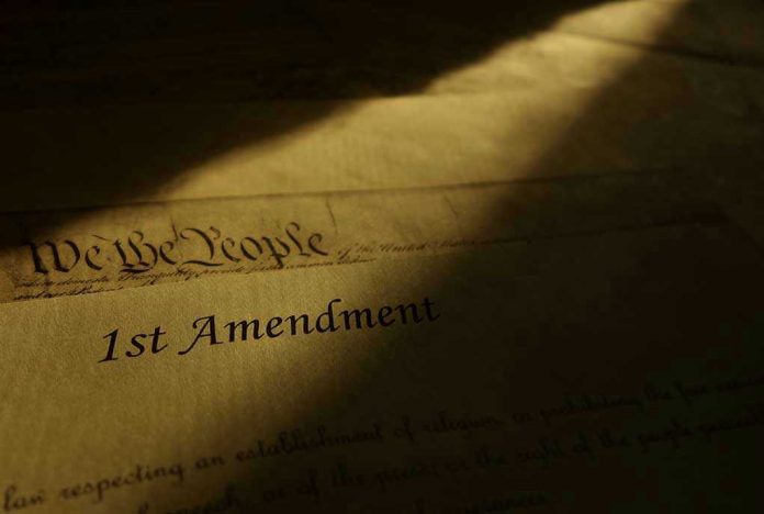 1st Amendment document in dramatic lighting.