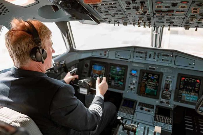 2104150745 Pilot in cockpit operating airplane controls.