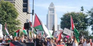 Protesters holding signs and flags in a public square.