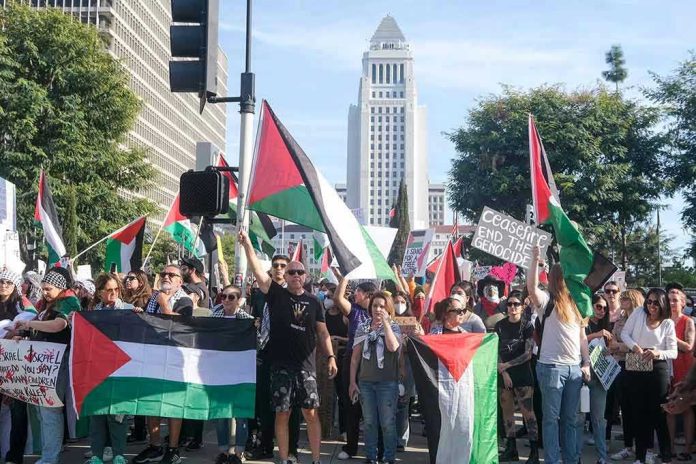 2384136043 Protesters holding signs and flags in a public square.