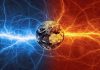 Earth with blue and red electric energy surrounding.