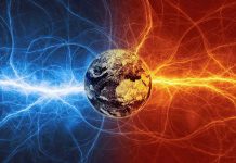Earth with blue and red electric energy surrounding.