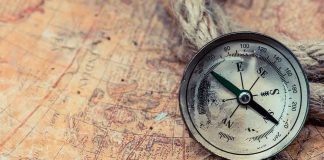 Old compass on a vintage map background.