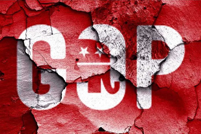 shutterstock_228973474.jpg Cracked wall featuring the GOP logo in red and white