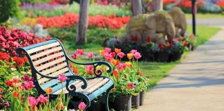A decorative garden bench surrounded by vibrant flowers in a park
