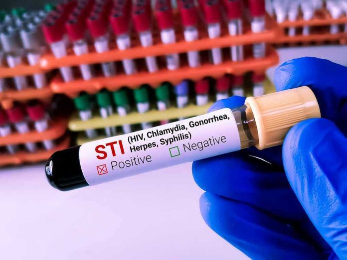 Gloved hand holding STI test tube labeled Negative.