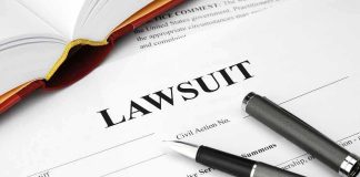 Flood Horror Hits Camp — Families Demand Justice Legal document titled Lawsuit with pen and book.