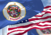 Minnesota state flag with American flag in background.