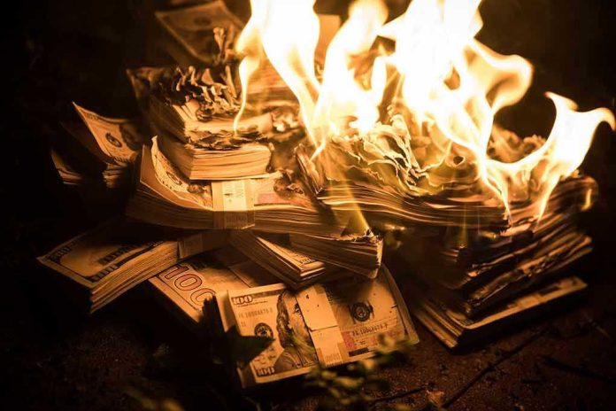 Stacks of hundred dollar bills burn in flames.